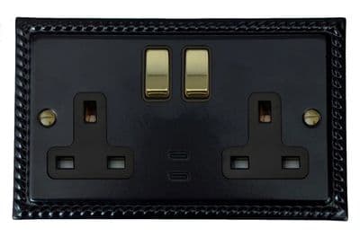 G&H MFB3913-PB Monarch Roped Matt Black 2 Gang Double 13A Plug Socket Dual 4.2A USB C