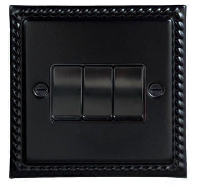 G&H MFB3B Monarch Roped Matt Black 3 Gang 1 or 2 Way Rocker Light Switch