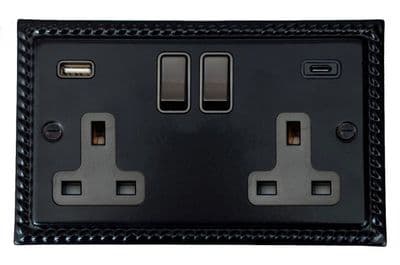 G&H MFB911B Monarch Roped Matt Black 2 Gang Double 13A Plug Socket 3.1A USB A + C