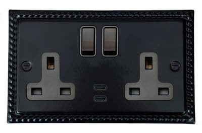 G&H MFB913B Monarch Roped Matt Black 2 Gang Double 13A Plug Socket Dual 4.2A USB C
