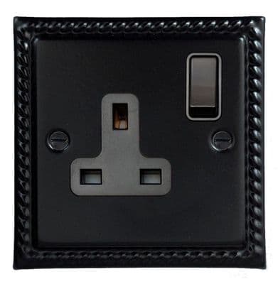 G&H MFB9B Monarch Roped Matt Black 1 Gang Single 13A Switched Plug Socket