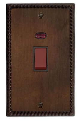 G&H MTC28B Monarch Roped Tarnished Copper 45 Amp DP Cooker Switch & Neon Vertical Plate