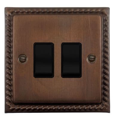 G&H MTC2B Monarch Roped Tarnished Copper 2 Gang 1 or 2 Way Rocker Light Switch
