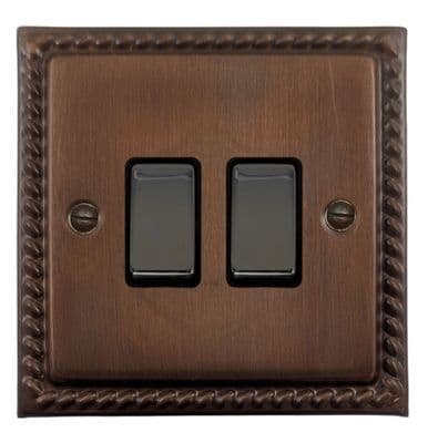 G&H MTC302 Monarch Roped Tarnished Copper 2 Gang 1 or 2 Way Rocker Light Switch