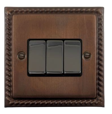G&H MTC303 Monarch Roped Tarnished Copper 3 Gang 1 or 2 Way Rocker Light Switch