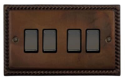 G&H MTC304 Monarch Roped Tarnished Copper 4 Gang 1 or 2 Way Rocker Light Switch