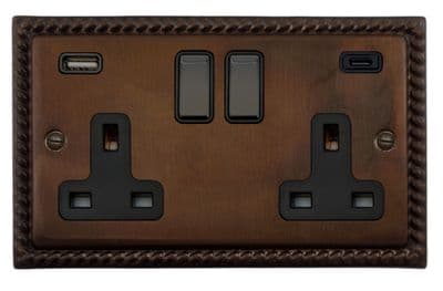 G&H MTC3911 Monarch Roped Tarnished Copper 2 Gang Double 13A Plug Socket 3.1A USB A + C