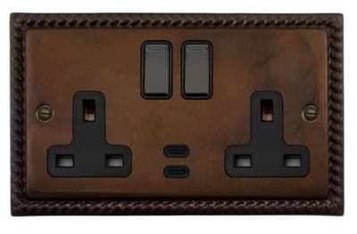 G&H MTC3913 Monarch Roped Tarnished Copper 2 Gang Double 13A Plug Socket Dual 4.2A USB C