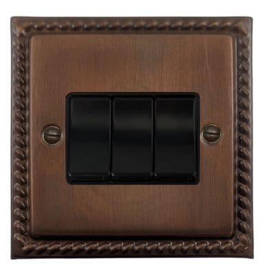 G&H MTC3B Monarch Roped Tarnished Copper 3 Gang 1 or 2 Way Rocker Light Switch