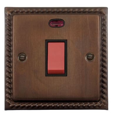 G&H MTC46B Monarch Roped Tarnished Copper 45 Amp DP Cooker Switch & Neon Single Plate