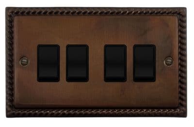 G&H MTC4B Monarch Roped Tarnished Copper 4 Gang 1 or 2 Way Rocker Light Switch