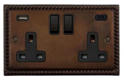G&H MTC911B Monarch Roped Tarnished Copper 2 Gang Double 13A Plug Socket 3.1A USB A + C