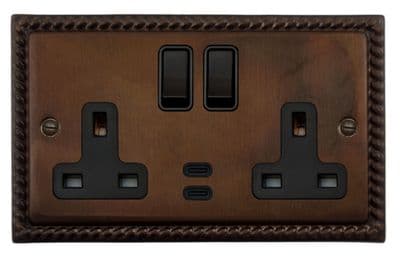 G&H MTC913B Monarch Roped Tarnished Copper 2 Gang Double 13A Plug Socket Dual 4.2A USB C