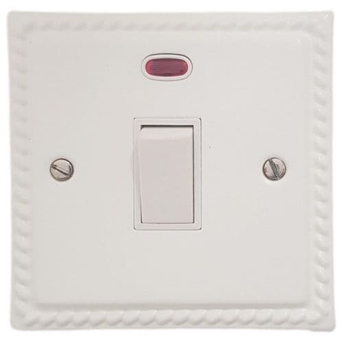 G&H MW26W Monarch Roped Matt White 1 Gang 20 Amp Double Pole Switch & Neon