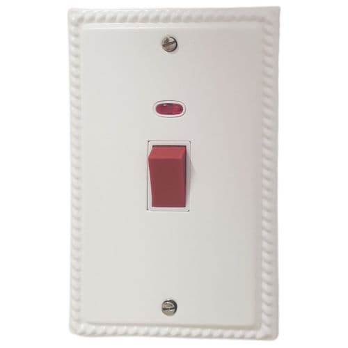 G&H MW28W Monarch Roped Matt White 45 Amp DP Cooker Switch & Neon Vertical Plate