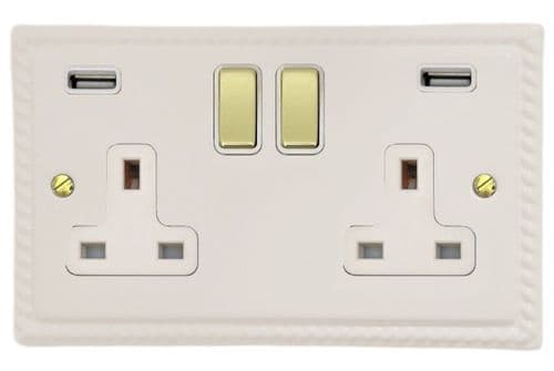 G&H MW2910-PB Monarch Roped Matt White 2 Gang Double 13A Switched Plug Socket 2.1A USB