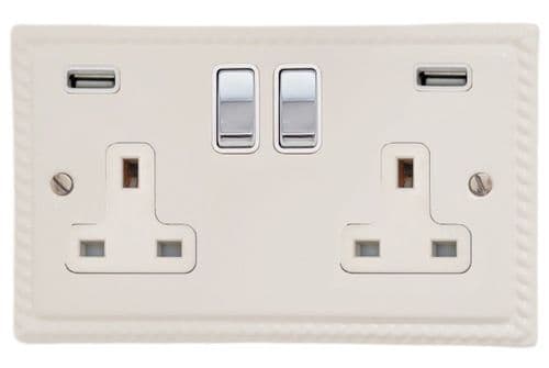G&H MW2910-PC Monarch Roped Matt White 2 Gang Double 13A Switched Plug Socket 2.1A USB