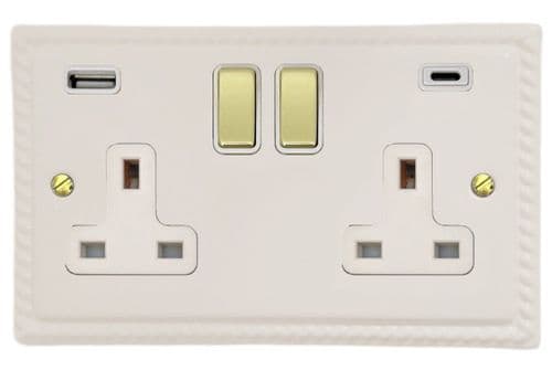 G&H MW2911-PB Monarch Roped Matt White 2 Gang Double 13A Plug Socket 3.1A USB A + C