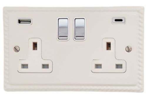 G&H MW2911-PC Monarch Roped Matt White 2 Gang Double 13A Plug Socket 3.1A USB A + C