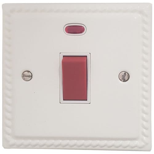 G&H MW46W Monarch Roped Matt White 45 Amp DP Cooker Switch & Neon Single Plate