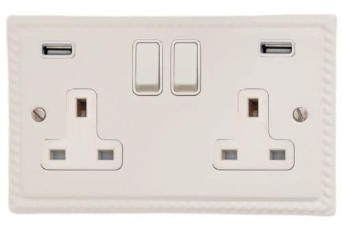 G&H MW910W Monarch Roped Matt White 2 Gang Double 13A Switched Plug Socket 2.1A USB
