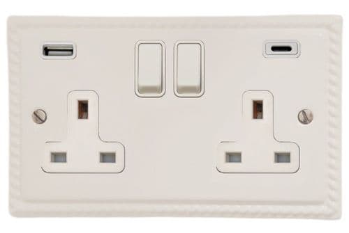 G&H MW911W Monarch Roped Matt White 2 Gang Double 13A Plug Socket 3.1A USB A + C
