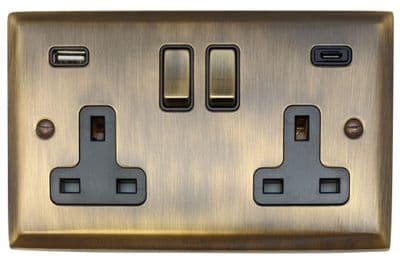 G&H SAB3911 Spectrum Plate Antique Brass 2 Gang Double 13A Plug Socket 3.1A USB A + C