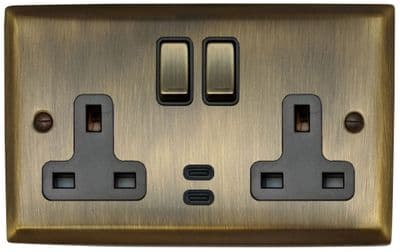 G&H SAB3913 Spectrum Plate Antique Brass 2 Gang Double 13A Plug Socket Dual 4.2A USB C