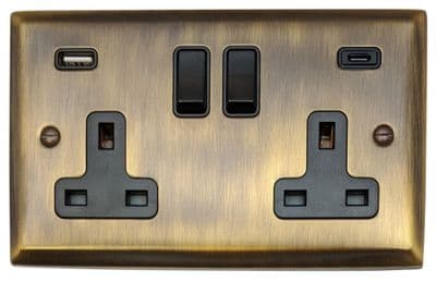 G&H SAB911B Spectrum Plate Antique Brass 2 Gang Double 13A Plug Socket 3.1A USB A + C