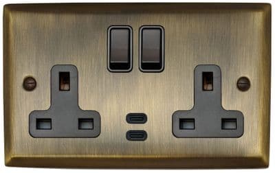 G&H SAB913B Spectrum Plate Antique Brass 2 Gang Double 13A Plug Socket Dual 4.2A USB C