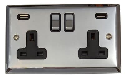 G&H SC3910 Spectrum Plate Polished Chrome 2 Gang Double 13A Switched Plug Socket 2.1A USB