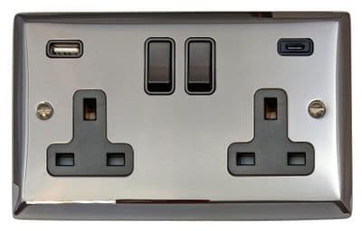 G&H SC911B Spectrum Plate Polished Chrome 2 Gang Double 13A Plug Socket 3.1A USB A + C