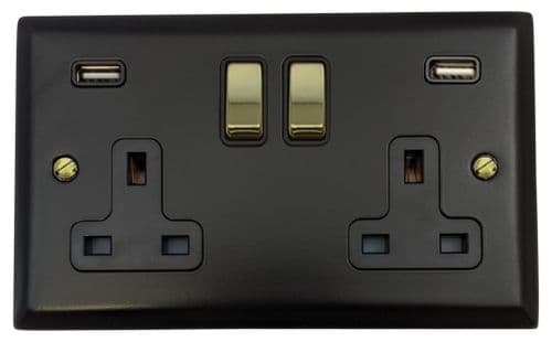 G&H SFB3910-PB Spectrum Plate Matt Black 2 Gang Double 13A Switched Plug Socket 2.1A USB