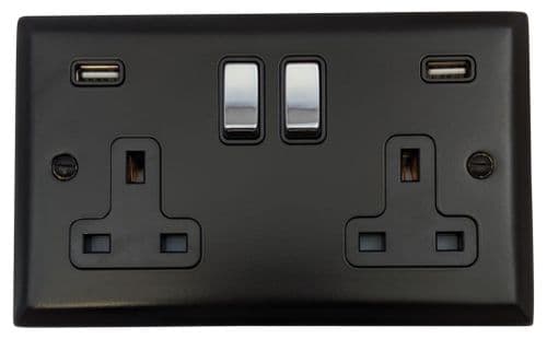 G&H SFB3910-PC Spectrum Plate Matt Black 2 Gang Double 13A Switched Plug Socket 2.1A USB