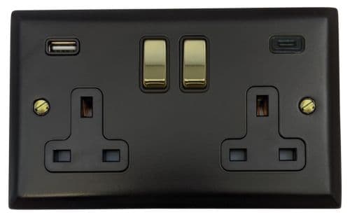 G&H SFB3911-PB Spectrum Plate Matt Black 2 Gang Double 13A Plug Socket 3.1A USB A + C