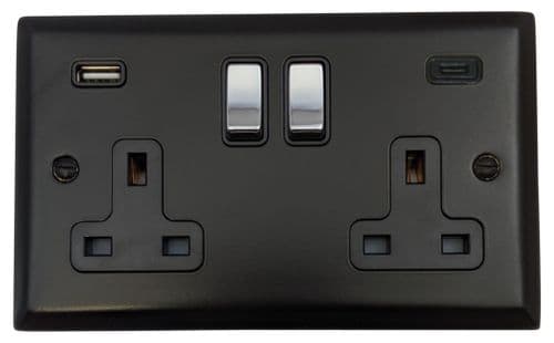 G&H SFB3911-PC Spectrum Plate Matt Black 2 Gang Double 13A Plug Socket 3.1A USB A + C
