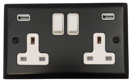 G&H SFB910W Spectrum Plate Matt Black 2 Gang Double 13A Switched Plug Socket 2.1A USB