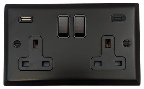 G&H SFB911B Spectrum Plate Matt Black 2 Gang Double 13A Plug Socket 3.1A USB A + C