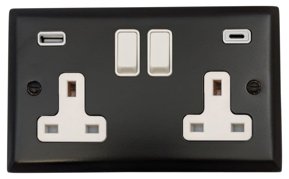 G&H SFB911W Spectrum Plate Matt Black 2 Gang Double 13A Plug Socket 3 ...