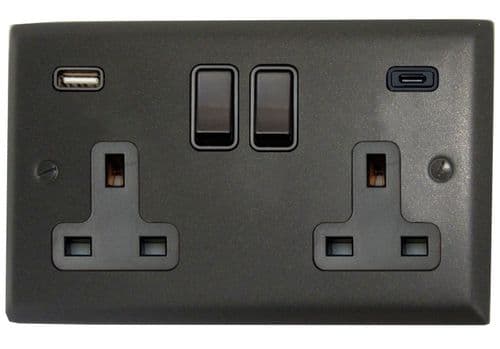G&H SG911B Spectrum Plate Graphite 2 Gang Double 13A Plug Socket 3.1A USB A + C