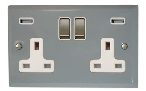 G&H SLG2910 Spectrum Plate Light Grey 2 Gang Double 13A Switched Plug Socket 2.1A USB