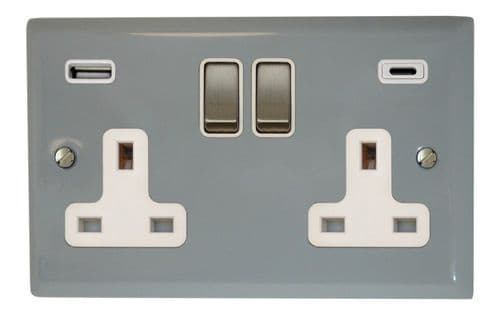 G&H SLG2911 Spectrum Plate Light Grey 2 Gang Double 13A Plug Socket 3.1A USB A + C