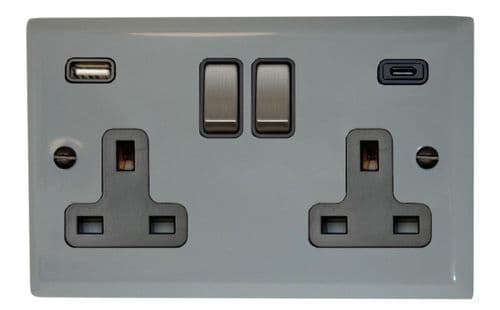 G&H SLG3911 Spectrum Plate Light Grey 2 Gang Double 13A Plug Socket 3.1A USB A + C
