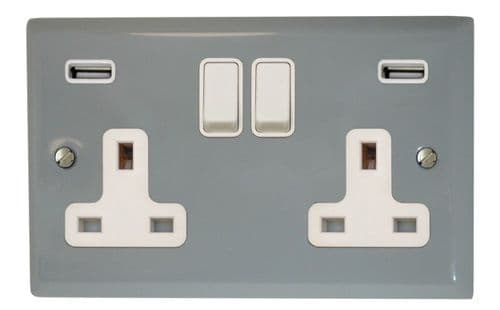 G&H SLG910W Spectrum Plate Light Grey 2 Gang Double 13A Switched Plug Socket 2.1A USB
