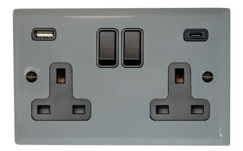 G&H SLG911B Spectrum Plate Light Grey 2 Gang Double 13A Plug Socket 3.1A USB A + C