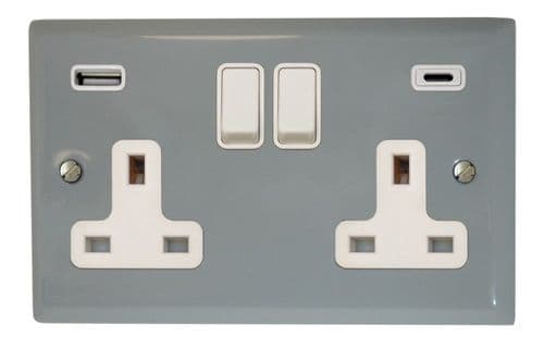 G&H SLG911W Spectrum Plate Light Grey 2 Gang Double 13A Plug Socket 3.1A USB A + C