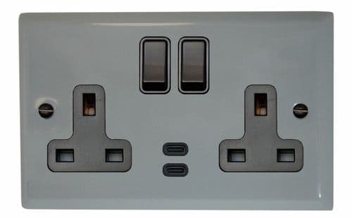 G&H SLG913B Spectrum Plate Light Grey 2 Gang Double 13A Plug Socket Dual 4.2A USB C