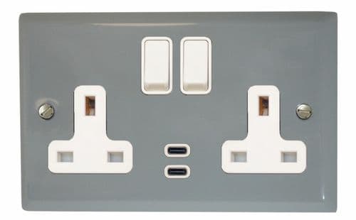 G&H SLG913W Spectrum Plate Light Grey 2 Gang Double 13A Plug Socket Dual 4.2A USB C
