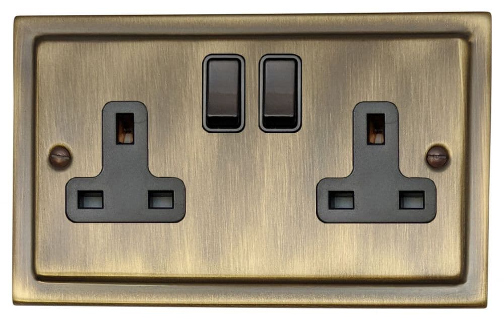 G&H TAB10B Trimline Plate Antique Brass 2 Gang Double 13A Switched Plug Socket