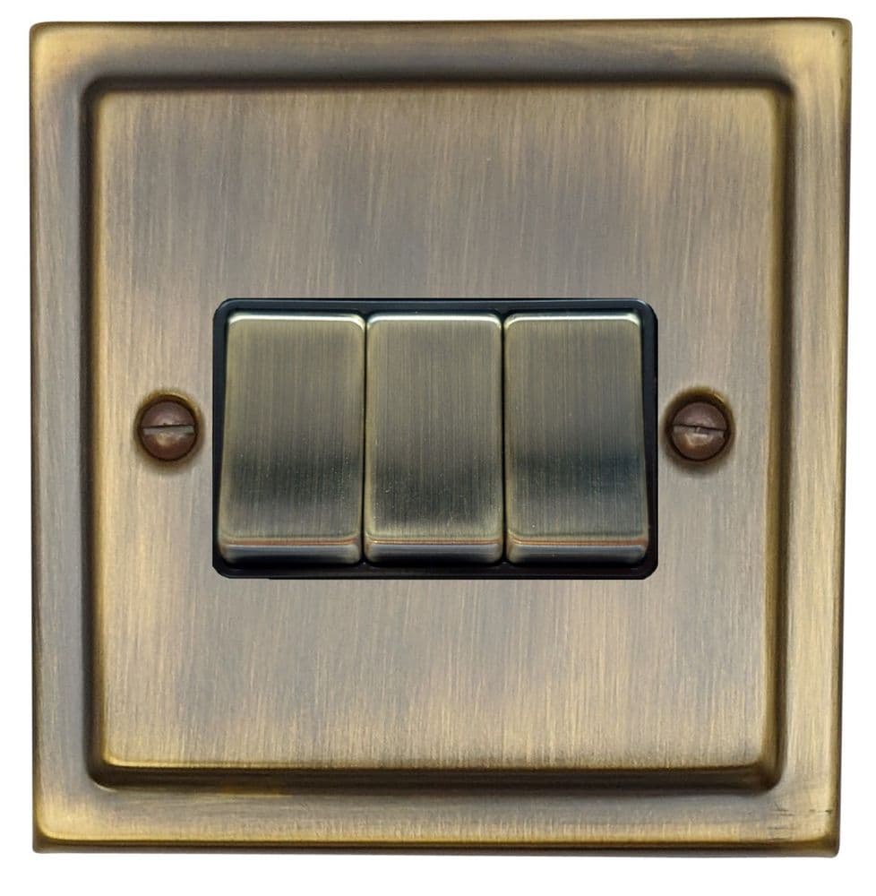G&H TAB303 Trimline Plate Antique Brass 3 Gang 1 or 2 Way Rocker Light Switch